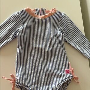 Ruffle Butts Blue and Pink Striped Baby Onesie